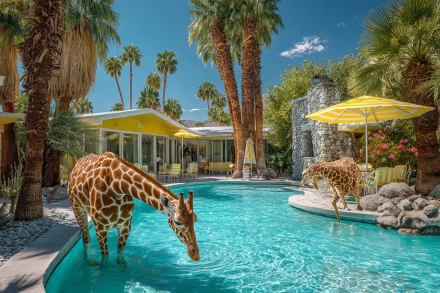 Giraffes Palm Springs Poolside Surreal Scene