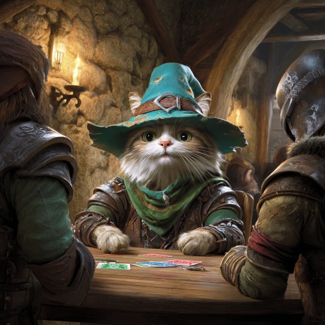 Fantasy Cat Wizard Playing Poker DND Scene