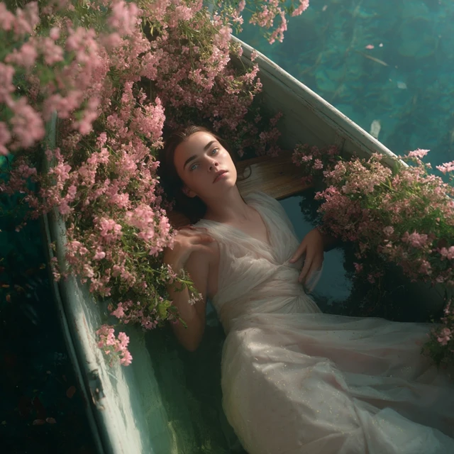 Dreamy Romantic Scene Woman in Boat Flowers