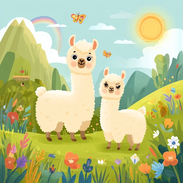 Cute Llamas in Andean Landscape Cartoon Illustration