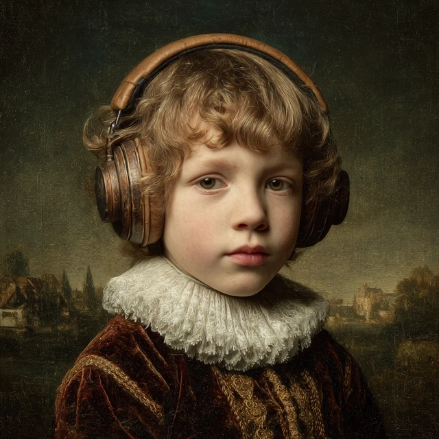 Child Portrait Dutch Painting with Headphones