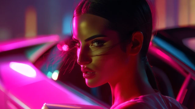 Iranian Woman in Lamborghini at Night Neon Lights