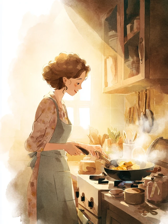 Woman Cooking in Kitchen Watercolor Illustration