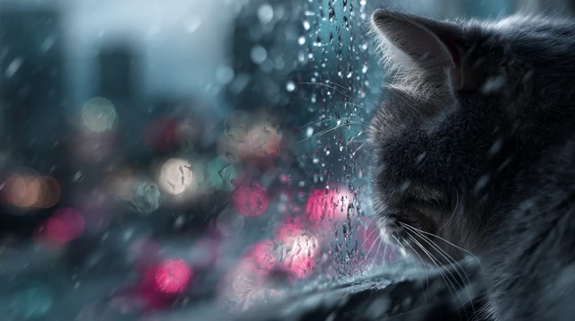 Cat Watching Rain - City Lights and Paw Prints