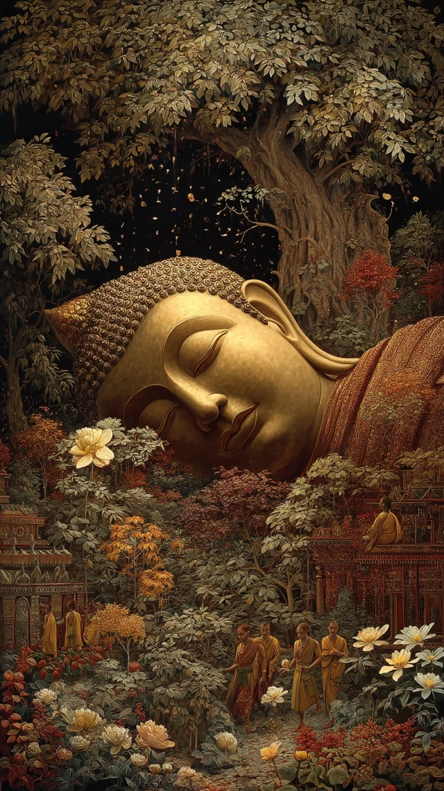 Buddha Nirvana Oil Painting Peaceful Scene