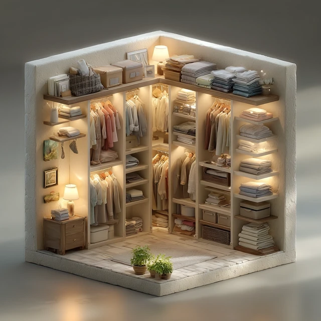 Cozy Bedroom Wardrobe with Clothes and Soft Lighting