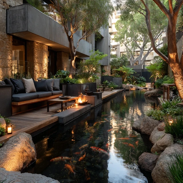 Modern Garden with Koi Pond and Fire Pit