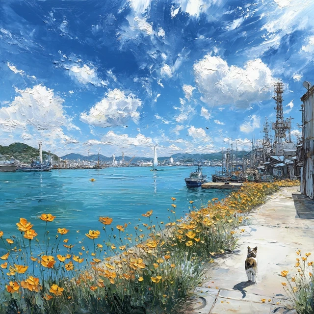 Oil Painting Cat at Beach with Yellow Flowers