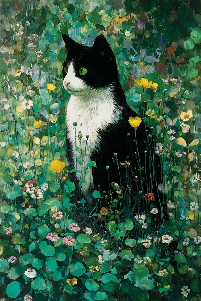 Cat in Wildflowers Klimt Style Painting
