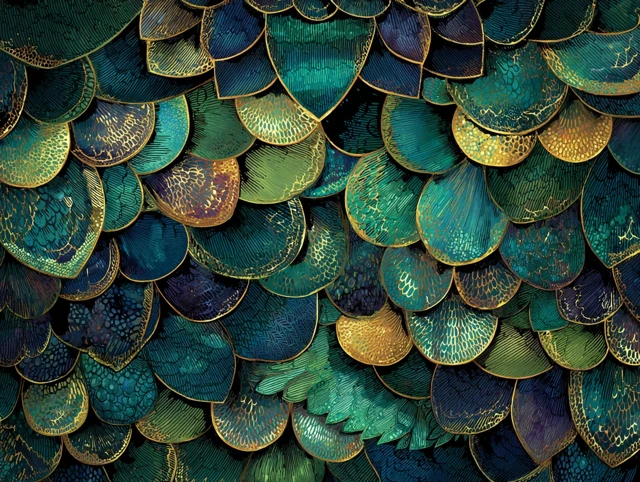 Dragon Scale Pattern Emerald Indigo Antique Gold Texture