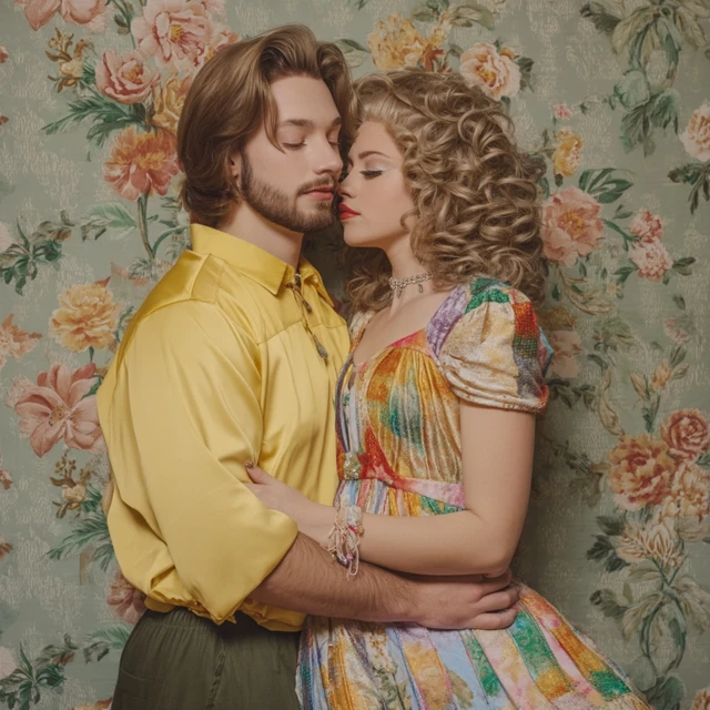 Gay Couple Hollywood Glamour with Floral Backdrop
