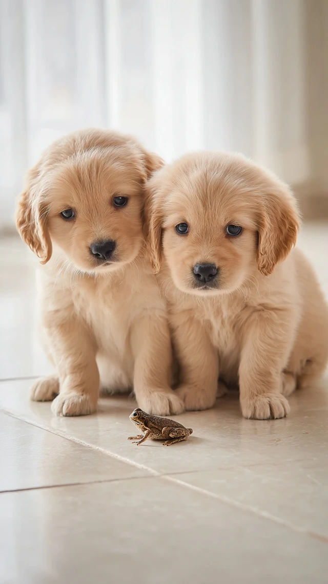 Golden Retriever Puppies and a Frog