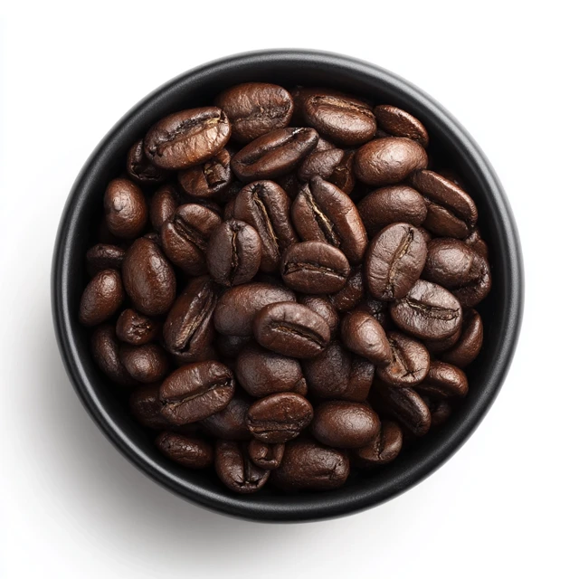 Coffee Beans in Black Bowl Isolated on White