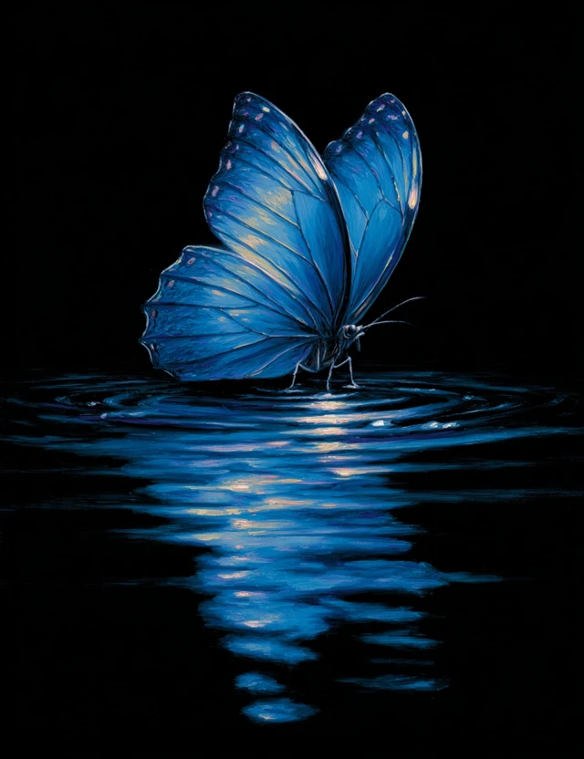 Blue Butterfly Glowing in the Dark Oil Painting