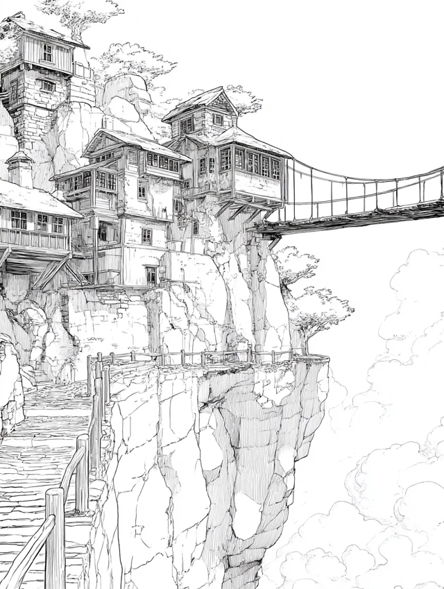 Ghibli Style Cliffside Houses and Bridge