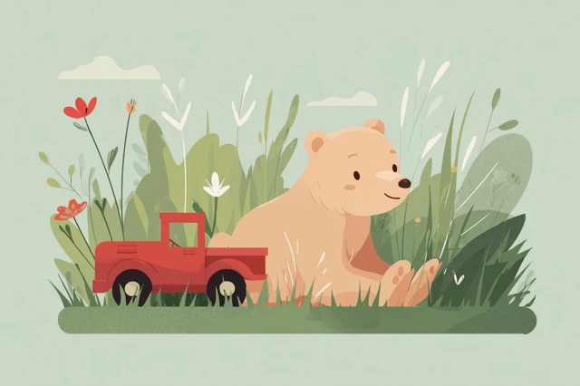 Cute Bear Cub Playing with Toy Truck Illustration