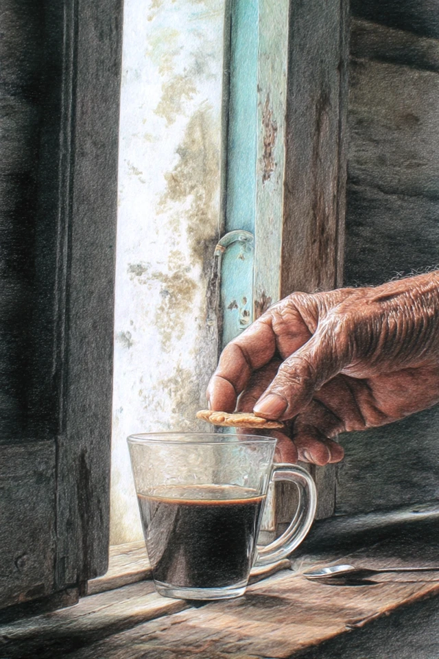 Morning Coffee and Biscuit Colour Pencil Sketch Malaysia