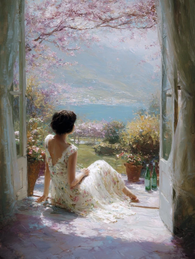 Impressionist Oil Painting Window View Sunlight