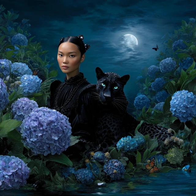 Asian Girl Black Leopard Hydrangea Surreal Art