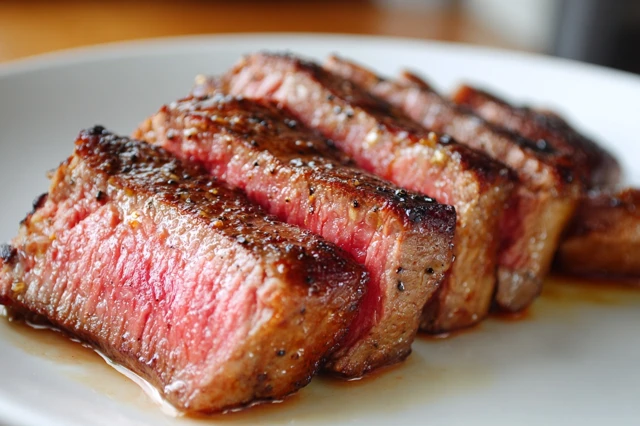Juicy Medium Rare Steak Slices on White Plate