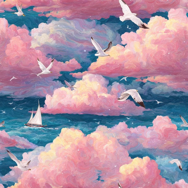 Seagulls Ocean Clouds Oil Painting