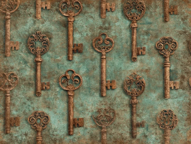 Steampunk Rusty Vintage Keys Sepia Paper Pattern