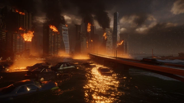 Apocalyptic City Destroyed Burning Bridge