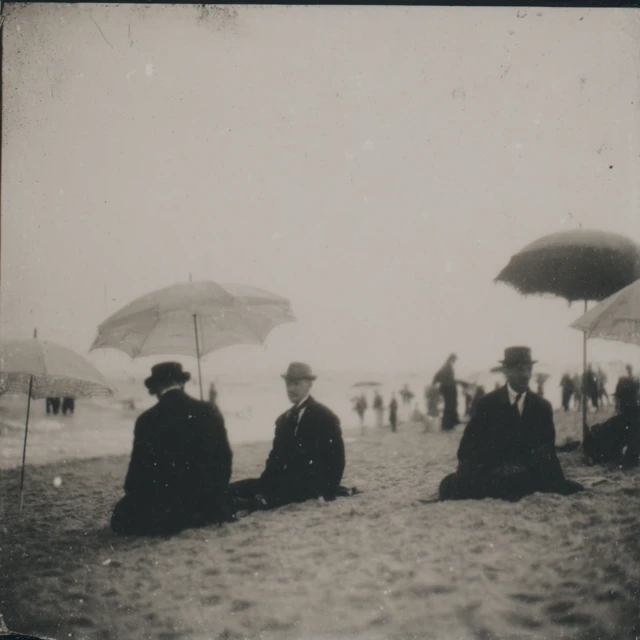 Beach Scene with Umbrellas 1913 Vintage Photograph