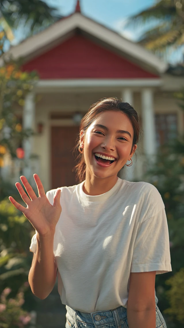 Filipino Woman Smiling Happy in Front of House