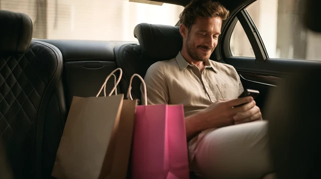 Argentinian Man in Taxi Modern Interior Smartphone Shopping