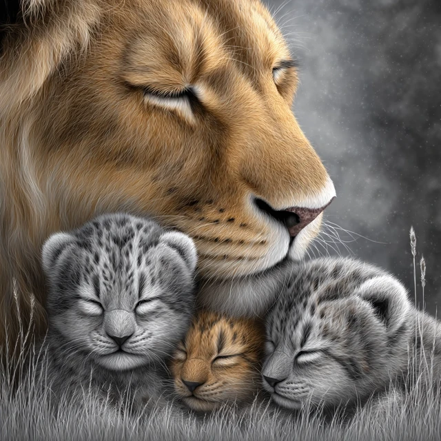 Black Panther Mama and Cub Beautiful Animal Art