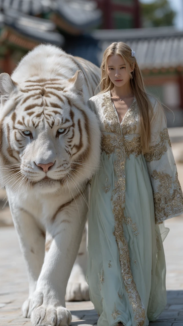 White Tiger Guardian and Korean Woman Portrait