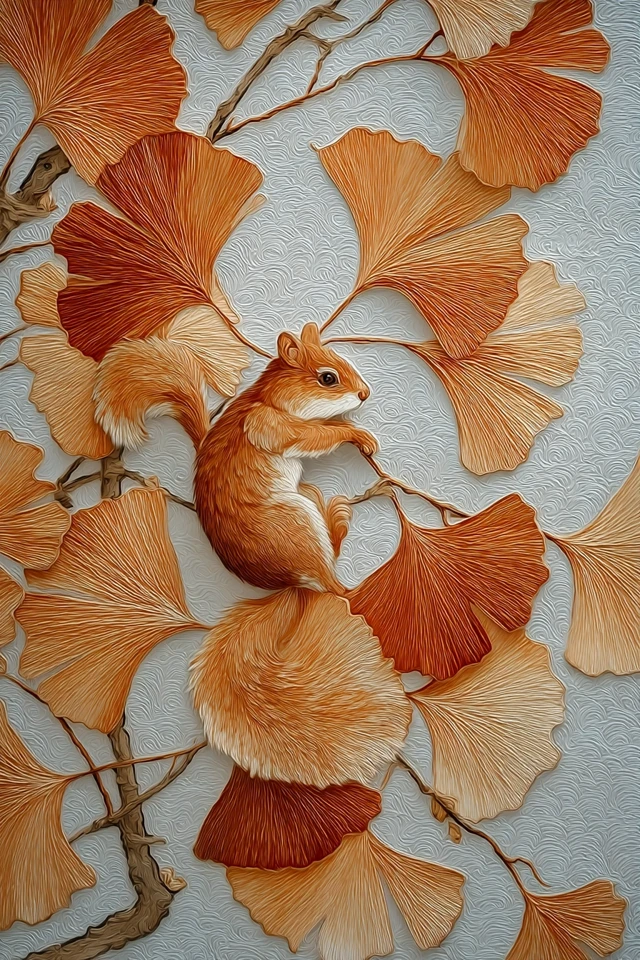 Chinese Painting: Squirrel in Ginkgo Leaves