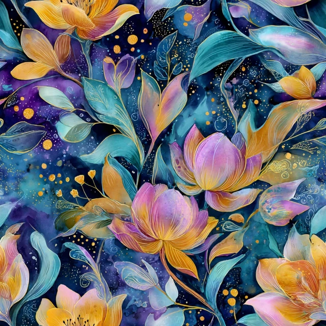 Watercolor Floral Scene Cosmic Abstraction Painting