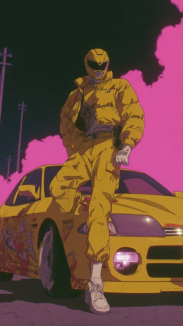 90s Anime Yellow Power Ranger with JDM Car