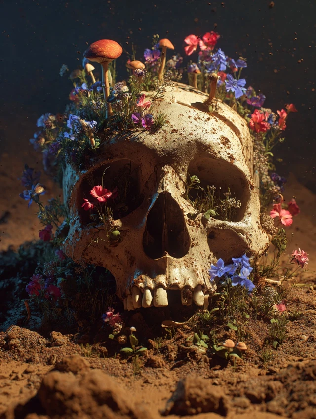 Skull with Flowers and Mushrooms Death and Rebirth