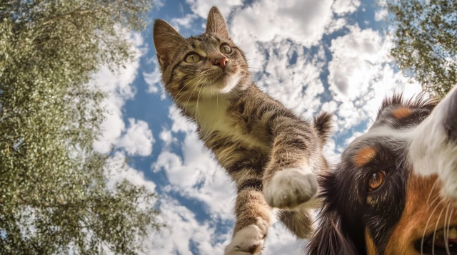 Cat Jumps Over Dog Backyard Photography