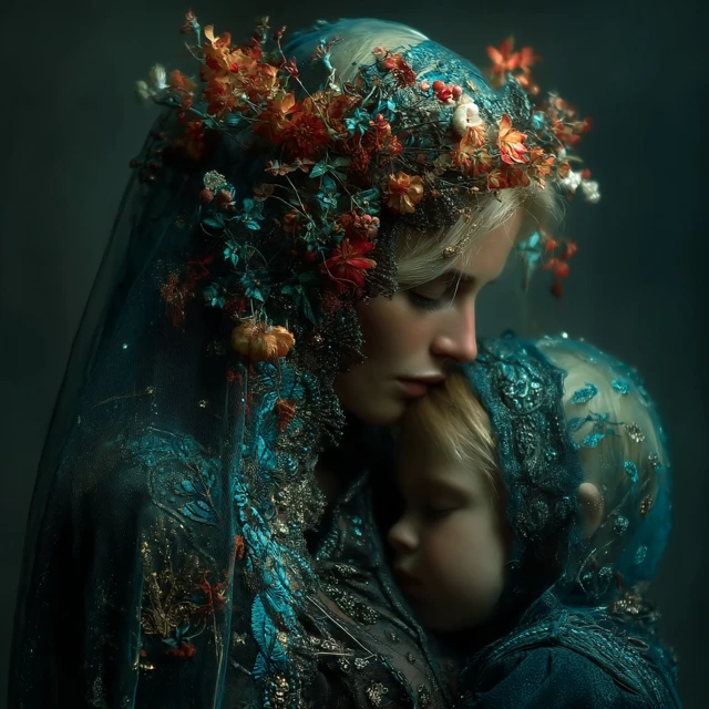 Mother and Child Surreal Floral Portrait