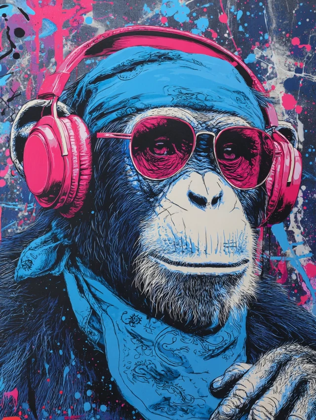Chimpanzee Portrait Headphones Sunglasses Pop Art