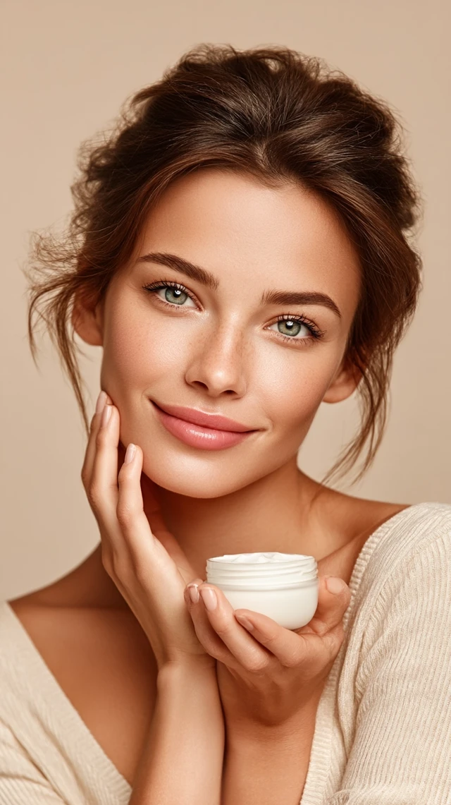 Beautiful Girl Using Face Cream Skincare Portrait