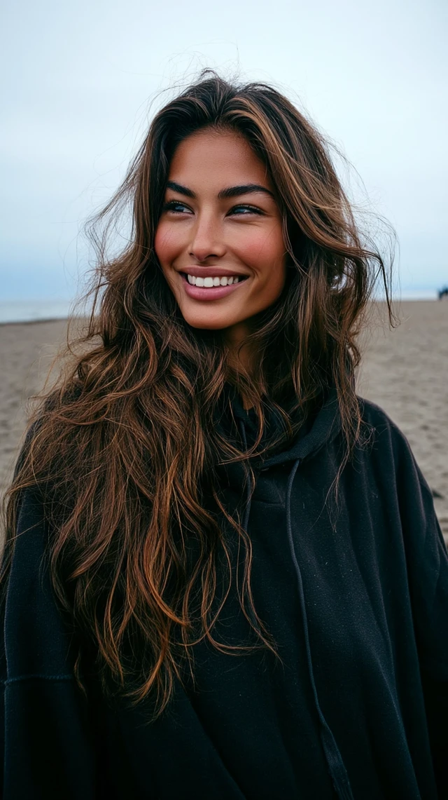 Windy Beach Portrait Young Woman Black Hoodie