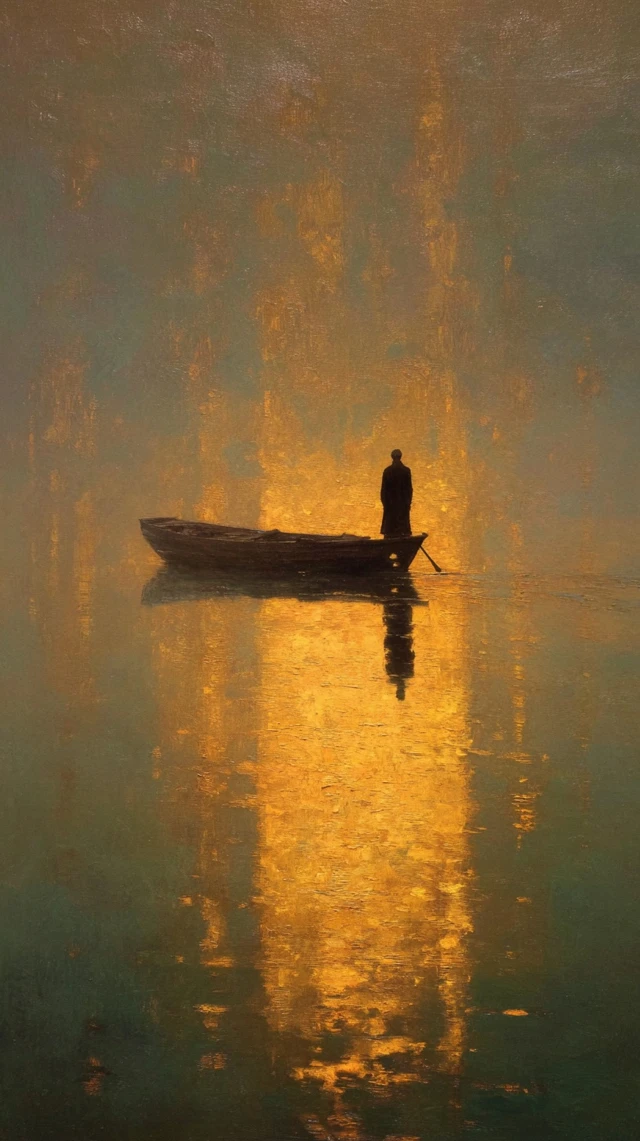 Solitary Figure in a Boat Painting Peaceful Scene