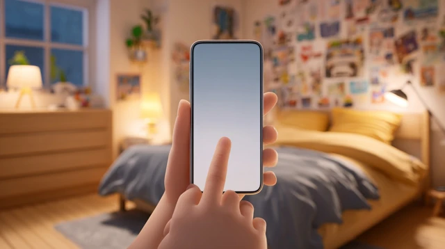 3D Cartoon Finger Tapping Phone in Bedroom