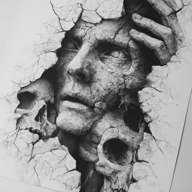 Hyperrealistic Skull Art Black and White Illustration