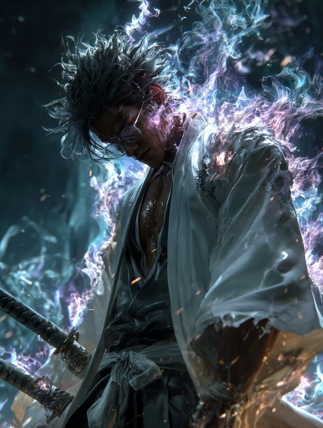 Aizen Bleach Hyperdetailed Portrait Dramatic Pose