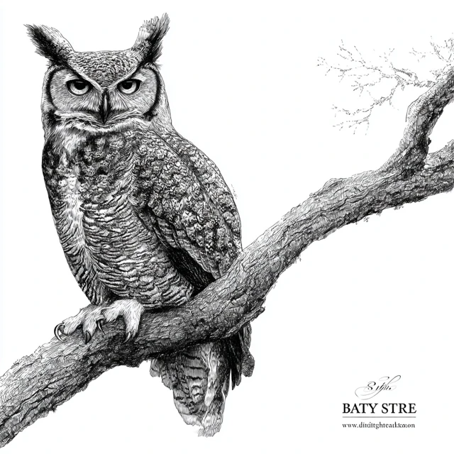 Owl on Branch Black and White Art