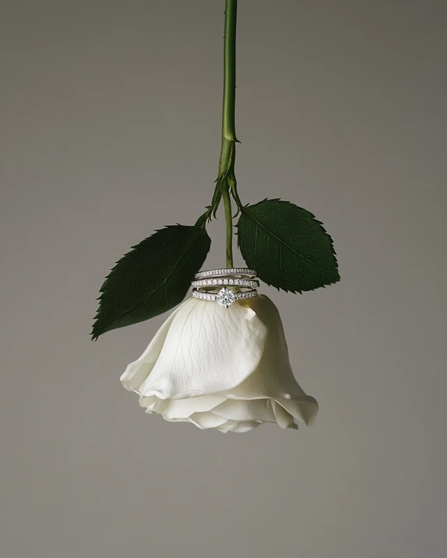 Diamond Rings on White Rose Product Photography