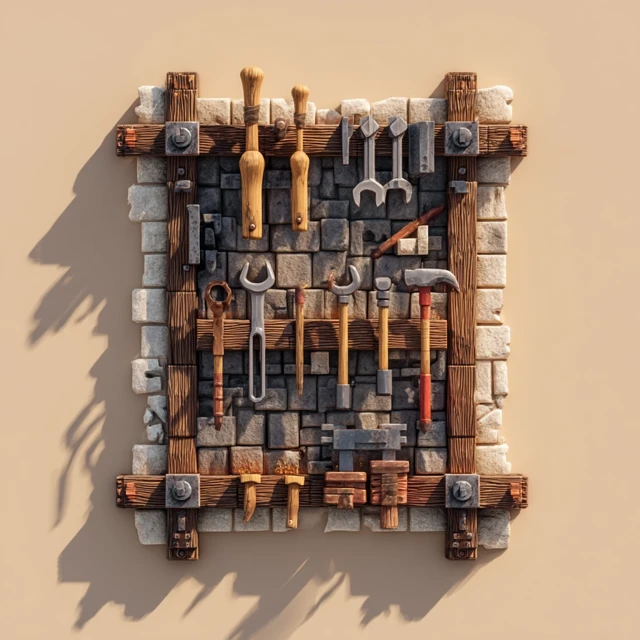 Medieval Wall Mounted Tool Grid Pixar Style 3D Render
