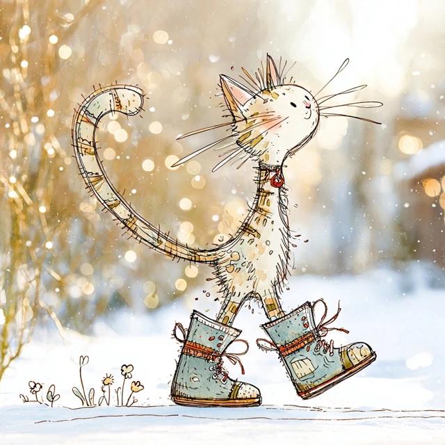 Cartoon Cat in Boots Walking in Snow Illustration