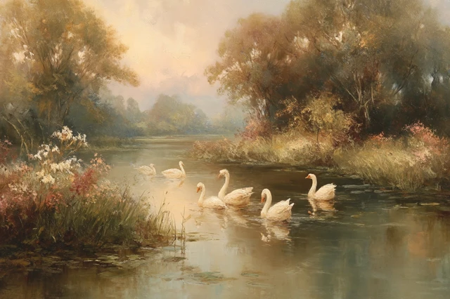 Vintage Oil Painting Serene Lake Scene Geese Nature